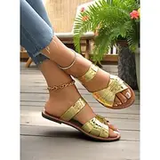 Women's Green Faux Leather Flat Sandals — Open-Toe Crocodile Texture Design, Slip-On Style, Stylish Summer Footwear for Vacation, Beach and Weekend Outings