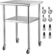 VEVOR Stainless Steel Prep Table, 24 x 24 x 36 Inch, 600lbs Load Capacity Heavy Duty Metal Worktable with Adjustable Undershelf & Universal Wheels, Commercial Workstation for Kitchen Garage Backyard
