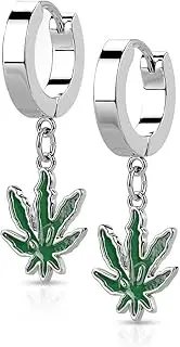 [Pierced Owl] 18GA 316L Stainless Steel Pot Leaf Dangling Hoop Earrings, Sold as a Pair, Metal, no gemstone
