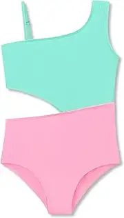 [Dvenki] Cute One Piece Swimsuits for Girls One Shoulder Color Block Cutout Bathing Suit with Adjustable Strap Size 6X-16