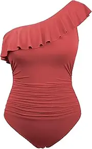 Hilor Women's Tummy Control One Piece Swimsuits One Shoulder Swimwear Ruffled Monokinis Bathing Suits Cinnabar 14
