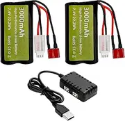 2PCS 7.4V 3000mah 15C 2S Li ion Battery with T-Type Plug and 2in1 Charger for WLtoys 12423 MJX 14301 14302 14303 H16PL High-Speed RC Cars 1/10 1/12 1/16 Ratio RC Car Trucks RC Ship