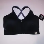 Victoria Secret Sports Bra 38DD Black Solid Front Zip Close Adjustable Lightly