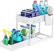 Puricon 1 Pack Under Sink Organizers and Storage Pull Out Sliding Drawer, 2 Tier Multi-Purpose Kitchen Under The Sink Organizer Under Bathroom Sink Shelf Storage Rack for Countertop Laundry -White