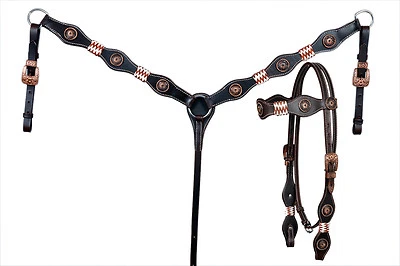 Western Dark Oil Leather Rawhide Braided Set Of Headstall and Breast Collar