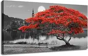 Arjun Tree Landscape Wall Art Canvas Lake Moon Fall Painting Red and Black Scenery Picture, Modern Nature Artwork Large Size Framed for Living Room Bedroom Bathroom Home Office Wall Decor, 48"x24"
