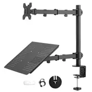 Laptop Desk Mount Monitor Stand Combo Rotatable Dual Arm Desk Mount 13 to 32 inch Screen Holder Bracket Up Height Tray Adjustable Black