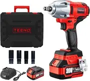 [TEENO] 1/2 Inch 600 Nm 20 V Brushless Cordless Impact Wrench with 4000 mAh Battery, Impact Nutrunner with 4 Impact Sockets (17/19/21/22 mm), For Automotive and Home Use (one battery)