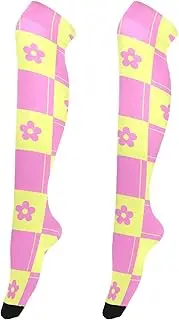 [voucong] Women Thigh High Socks Stretchable Leg Warmers for Dancers Knee High Stockings for Daily Office Wear Fashion Flower Peach Yellow Plaid, Fashion Flower Peach Yellow Plaid