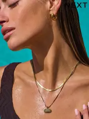 Gold Tone Stainless Steel 2 Row Necklace With Semi Precious Stone Detail (B30078) | $45