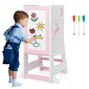 Costway 2-in-1 Step Stool Ladder Adjustable Tower Standing w/3 Water-based Pens & Whiteboard Toilet Training Pink