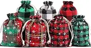 7 Pcs Christmas Linen Drawstring Bags, MH MOIHSING Xmas Buffalo Plaid Snowflake Bag Treat Candy Small Burlap Bags for Xmas Candy Birthday Party Wedding Gift Wrapping Christmas Decorations 3.9 x 5.5in