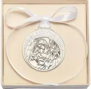 Pewter Baby with Guardian Angel Crib Medal with White Ribbon - Boxed by Truefaithgifts