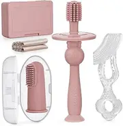 haakaa Silicone Teether Brush Finger Brush Toothbrush, 0-36 Months - Infant Oral Care Set (Blush)