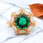 925 Sterling Silver 8MM Round Cut Emerald Ring Fire Opal Halo Wedding Ring