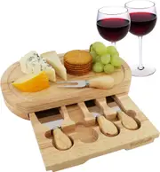 Cheese Board Set by - Large - with 4 Knives and Slide Out Drawer - Large Oak Wooden Cheese and Platter Cutting Serving Plate Tray