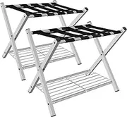 2 Pack Folding Luggage Rack for Guest Room, Foldable Suitcase Stand Holder with Metal Storage Shelf Bedroom, Living Hotel Essentials, Heavy Duty Steel Frame, White (MCM-LR-C-2)