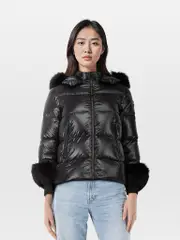 Black Esra Fox Fur Trim Down Jacket