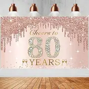 Large Cheers to 80 Years Birthday Decorations for Women, Pink Rose Gold Happy 80th Birthday Banner Backdrop Party Supplies, Eighty Birthday Poster Background Sign Decor