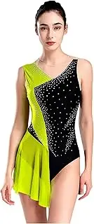 [RUNQHUI] Womens Tank Leotard Sparkle Rhinestone Color Block Unitards Mesh Patchwork Romper Flowy Skirt Fluorescent Yellow Large