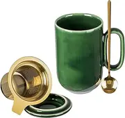 [vicrays] Ceramic Tea Cup Mug Infuser Large 16 oz Hot Loose Steeping Handle Teacup with Leaf Infuser Spoon Lid - Blue Tall Glazed Strainer Coffee Mug Microwave Safe - Green
