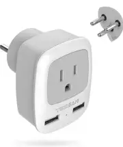TESSAN Type H Power Adapter - 3 Prong Grounded Travel Plug 2 USB Phone Charger