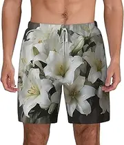 [JHLMN] Men's Swim Trunks Quick Dry Board Shorts Drawstring Beach Short White Lily Bouquet Bathing Suit for Men