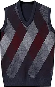 [SWJGLITTR] Men's Cotton Knit Argyle Vests V-Neck Sleeveless Knitwear Vest Lightweight Knitwear Casual Waistcoats, Red, Medium