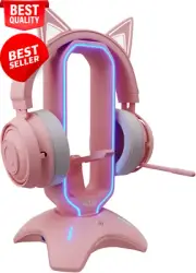 RGB Gaming Headset Stand - 3-in-1 Pink with Mouse Bungee, USB Hub Charger, RGB L