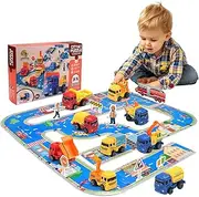 Pull Back City Cars and Trucks Toy Die Cast Vehicle Set Model Car, Friction Powered Mini Car Pack Toy Set with Play Mat, City Puzzle Engineering Car Set Toys for Kids 3 4 5 6 7 8 Years Old boy Gifts