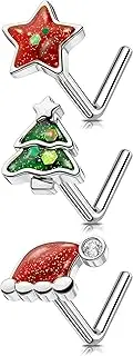 [Melighting] MeIighting 3PCS Christmas Nose Studs 20G Star Nose Rings 316L Stainless Steel Nose Piercing L-Shaped Christmas Tree Hat Nose Piercing Women 7mm