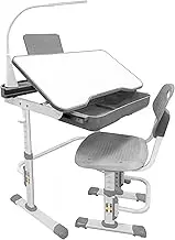 Kids Desk and Chair Set,Height Adjustable,Spacious Storage Drawer,with Adjustable Tilted Desktop, Bookstand, Touch Led Lamp for School Student (Gray Set)