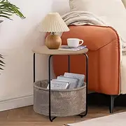 End Table, Round Side Table with Fabric Basket, Small Coffee Table with Storage, Round Center Table Sofa Table Nightstand with Metal Frame for Living Room, Bedroom, Bedside