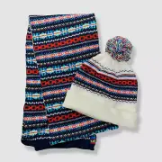 $40 Club Room Mens Blue Reversible Geometric Pattern Knit Scarf & Beanie Set OS