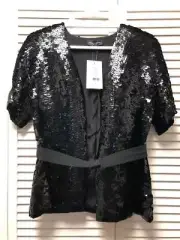 NWT Narciso Rodriguez Belted Sequined Silk Black Blouse, Size 44, MSRP $2995