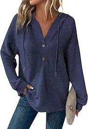 [OULIWANGLUO] Women's Waffle Knit Drawstring Hooded Jumper V-Neck Button Front Pullover Sweatshirt Solid Long Sleeves Sweaters Tops