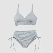 Plain Drawstring Bikini Set Set Of 2 - Top & Bottom - Grey - M
