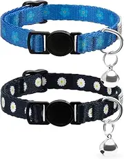 CollarDirect Cat Collar with Bell Floral Pattern 2 Pack Set Flower Adjustable Safety Breakaway Collars for Cats Kitten (Black + Blue)
