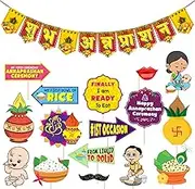 Zyozique Annaprasanam Photo Booth Props with Annaprasanam Paper Banner Hindi Font Shubh Annaprashan Yellow & Red Color Font/Rice Ceremony Decorations Items /(Pack of 17)