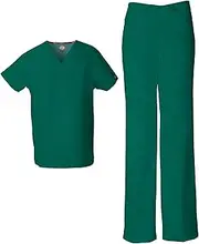 [Dickies] EDS Signature Unisex Scrubs Set 83706 Tuckable V-Neck Top & 83006 Drawstring Pant, Hunter Green-4XL Top / 3XL Pant, White, Large Top / Medium Pant
