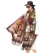 ANYYOU 100% Merino Wool Dark Brown Flowers And Patterns Silk Satin Large Winter Scarf Pashmina Shawl Bandana Perfect For Women Ladies Fashion Style