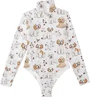 [voucong] Animals Aesthetic Dogs White long sleeve Going Out Bodysuits for Women Shapewear Body Suit Cute Tops for Women Turtleneck Jumpsuit Medium size, Animals Aesthetic Dogs White