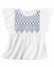 Carter's Girl's Embroidered Flutter-Sleeve Crinkle Top; White/Blue (3 Months)