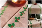 Green Ivy Leaf or Mistletoe Natural Jute Cotton Blend Table Runner 13" x 108"