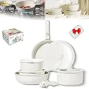 Gourmetific Ceramic Cookware Set, Gourmetific Cookware Set, 5/11/15 Piece Nonstick Maifan Cookwares Sets with Detachable Handle (White,5PCS)