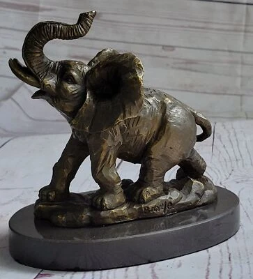 Signed Barye Male African Elephant W Trunk Up Bronze Marble Sculpture Statue Art