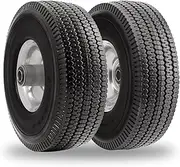 10 Inch Solid Polyurethane Tire 4.10/3.50-4 Tire, 10" Flat Free Wheels with 5/8" Bearings, 2.2" Offset Hub for Garden Cart, Hand Truck, Lawn Cart, Mower (2 Pack)