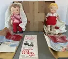 Vintage 1970s Campbell Kids Girl & Boy w/M’m M’m Good Outfits w/Inserts & Box