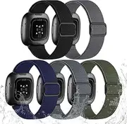 Odbeai Stretchy Band Compatible with Fitbit Versa 4 Bands for Woman/Versa 3 Bands Women/Sense 2 /Sense Band, Water-Resistant Adjustable Elastic Nylon Soft Sport Replacement Wristbands Strap, 5 Packs