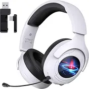 2.4GHz Gaming Headset Wireless for PS5, PS4, PC, Switch, Fortnite/Starfield/FPS Gamers, Bluetooth 5.3 Gaming Headphones with Noise Canceling Mic, 45H+ Battery, Bass Sound, RGB Light-White
